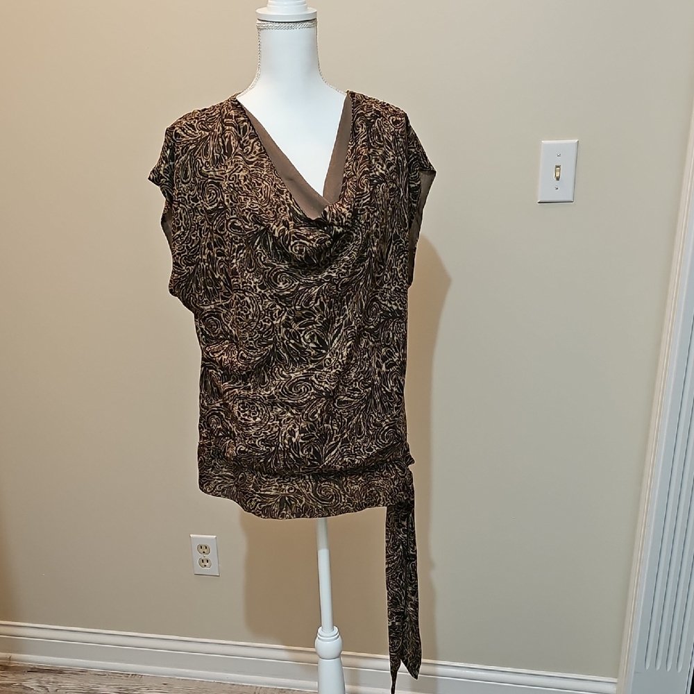 Apt. 9 Asymmetrical Tie Front Blouse in Brown and Black